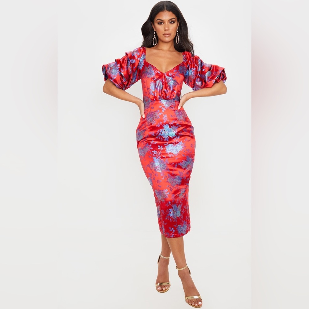 Asian jacquard brocade red floral lace up back midi dress glamour cocktail event
